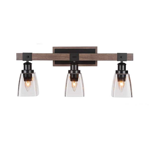 Unbranded Richmond 25.25 in. 3-Light Vanity Light Matte Black and Wood-look Metal with 4.5 in. Clear Bubble no bulbs included
