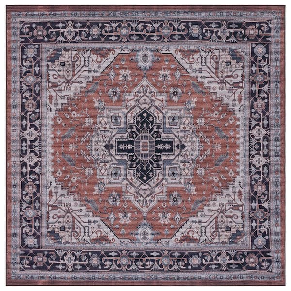 SAFAVIEH Tuscon Rust/Navy 6 ft. x 6 ft. Machine Washable Floral Medallion Square Area Rug