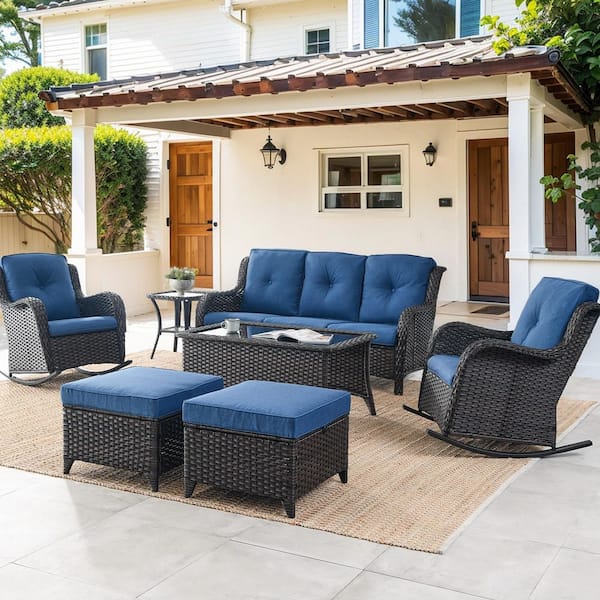 Bellefurn WellCane Brown 7-Piece Wicker Patio Conversation Set with Blue Cushion, Outdoor Rocking Chair, Sofa and Coffee Table