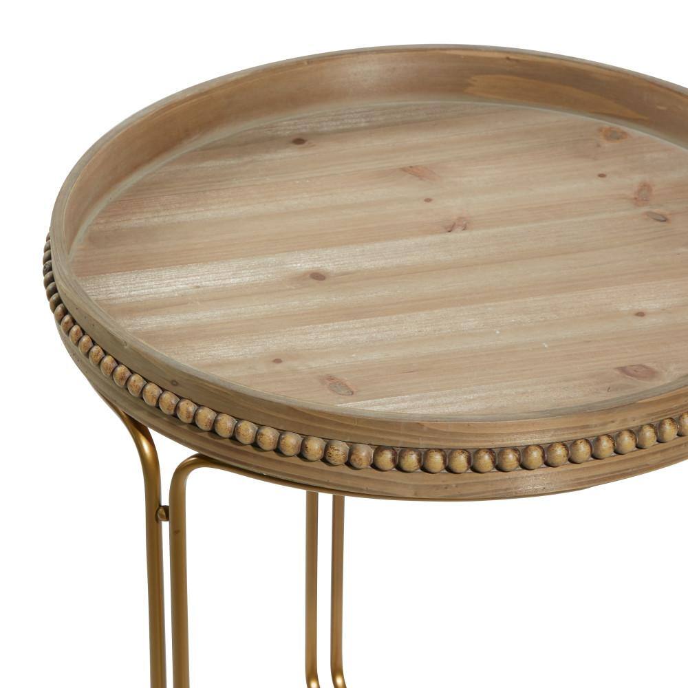 Round Light Brown Wood and Gold Metal Nesting Tables Set
