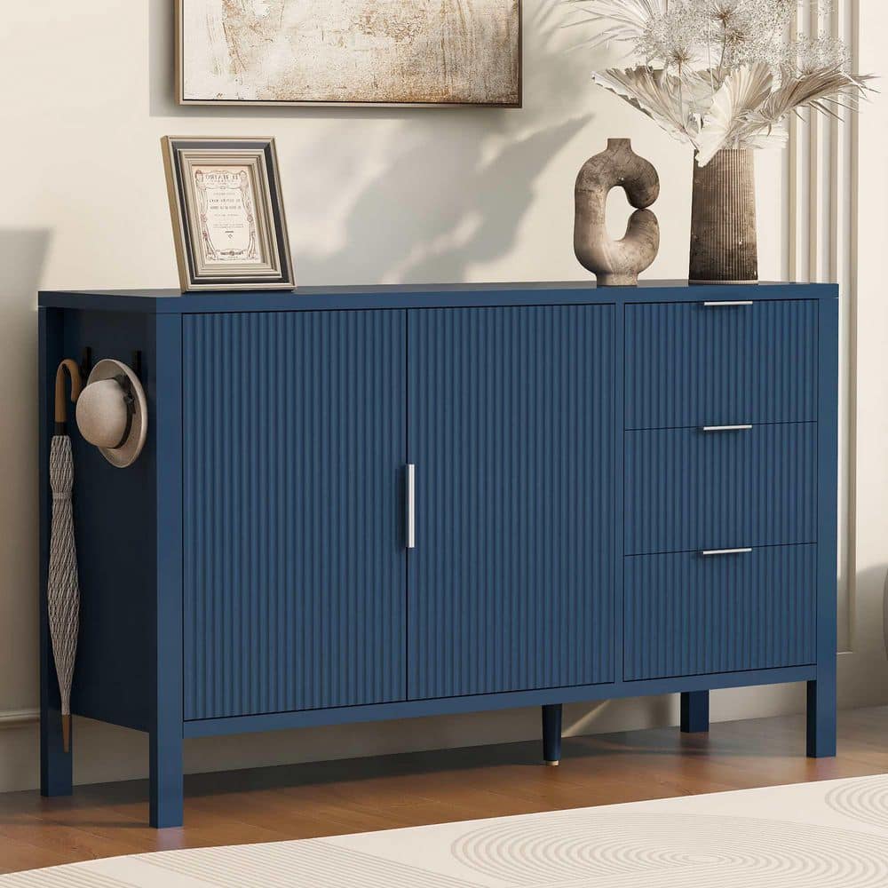 Polibi Navy Blue MDF Wood Buffet with 3 Drawers Hooks and Extra