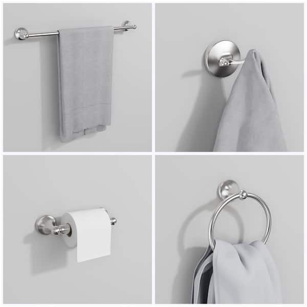 4-Piece Round Bathroom Hardware Set, Bathroom Accessories with Towel Rack Bar, Ring, Holder, Hook in Brushed Nickel