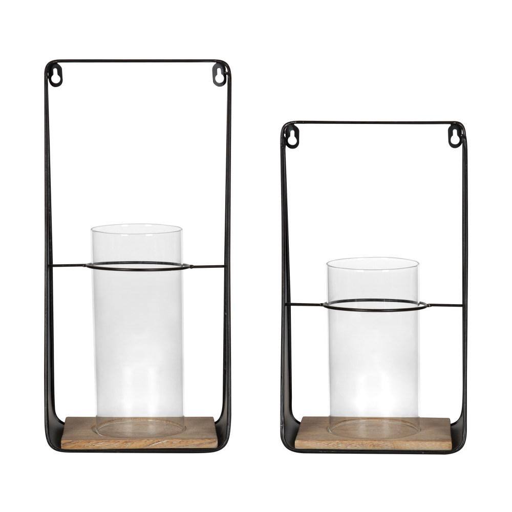 Black and Natural Wood Wall Sconce Set with Glass Chimney