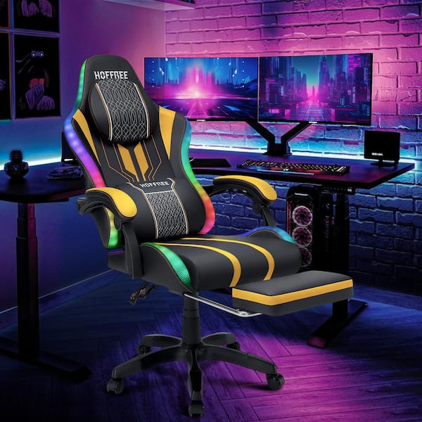 Hoffree Faux Leather Massage Ergonomic Gaming Chair Big and Tall Game Chair in Yellow with Bluetooth Speakers LED Light Footrest