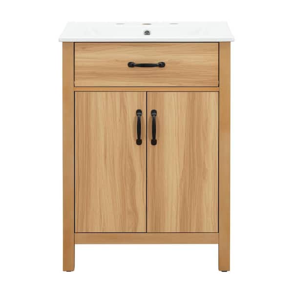 24 in. W Acacia Wood Single Sink Bath Vanity with White Ceramic Top, Flip Drawer, Door Shelves