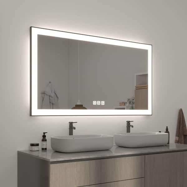 51 in. W x 30 in. H Rectangular Framed LED Anti-Fog Wall Mirror in Black with Backlit and Front Light