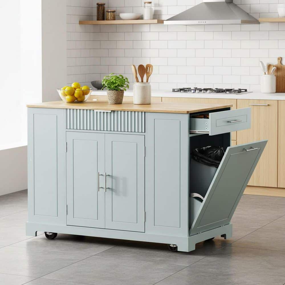 Grey Blue Wood Rolling Kitchen Island Bar Cart with 10 Gal. Trash
