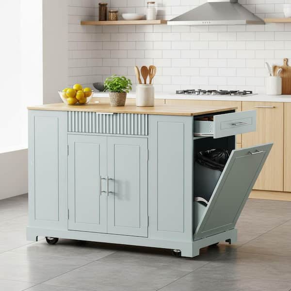 Grey Blue Wood Rolling Kitchen Island Bar Cart with 10 Gal. Trash
