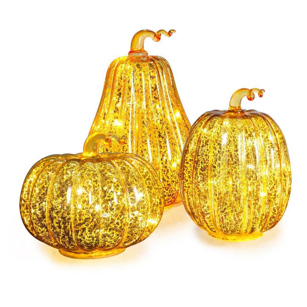 MUMTOP Glass Pumpkin Illuminated Gold-Crackle Glass Harvest
