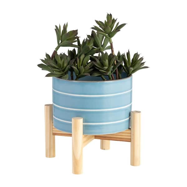 Liv & Skye Blue Sky Ceramic Striped Planter (6 in. W x 4 in. H