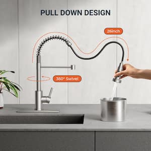 Single Handle Pull Down Sprayer Kitchen Faucet with Deckplate High-Arc Sink Spout in Stainless Steels