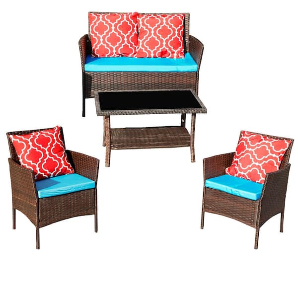 4-Piece Wicker Outdoor Sofa Sectional Set Conversation Set with Blue Cushions