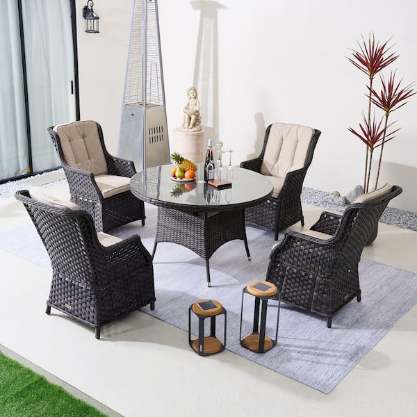 Team 5-Piece Brown Wicker Round Outdoor Dining Set with Beige Cushions