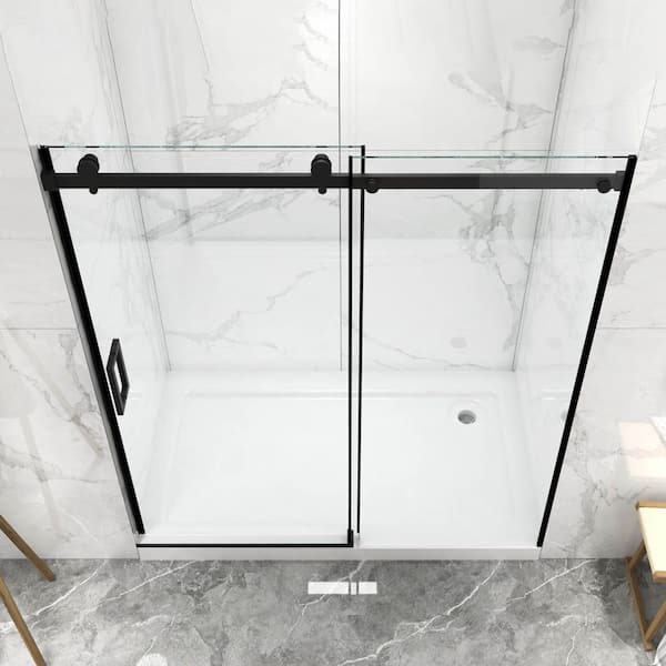 60 in. W x 70 in. H Sliding Frameless Shower Door in Matt Blacklwith Clear Easy Clean Coat Tempered Glass
