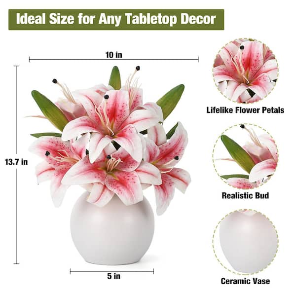 13.7 in. Pink Real Touch Artificial Lily Bouquet, Indoor Decor