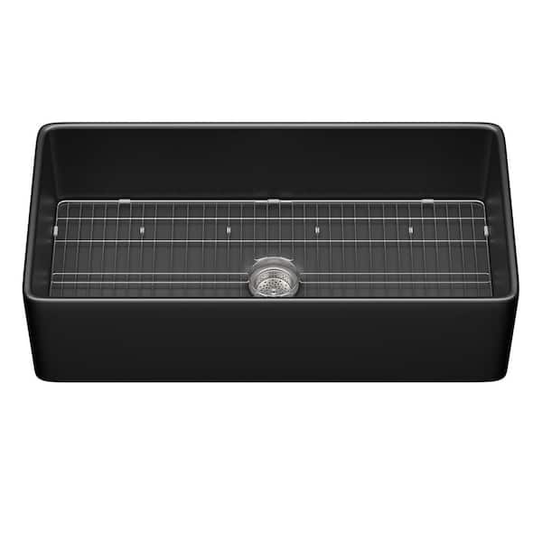 Zeafive Ebo 33 in. Fireclay Farmhouse Apron Front Single Bowl Kitchen Sink Matte Black with Bottom Grid and Strainer