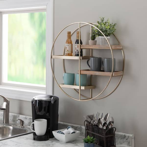 Linon Home Decor Jewett Gold Round 4-Shelf Double Iron Frame Wall