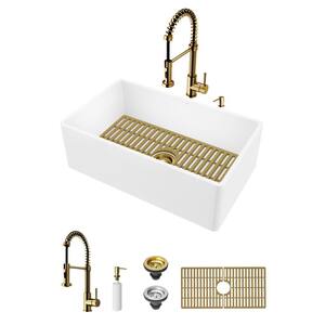 Matte Stone White Composite 30 in. Single Bowl Flat Farmhouse Kitchen Sink with Faucet and Accessories in Matte Gold