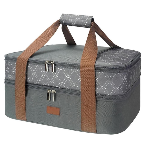 Double Decker Gray Insulated Food Carrier Set for Hot or Cold Food, Expandable Leakproof Casserole Tote Bag