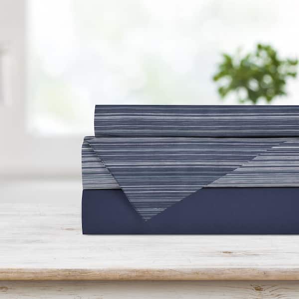 Unbranded Safdie & Co. 4-Piece Navy Striped Polyester Full Sheet Set