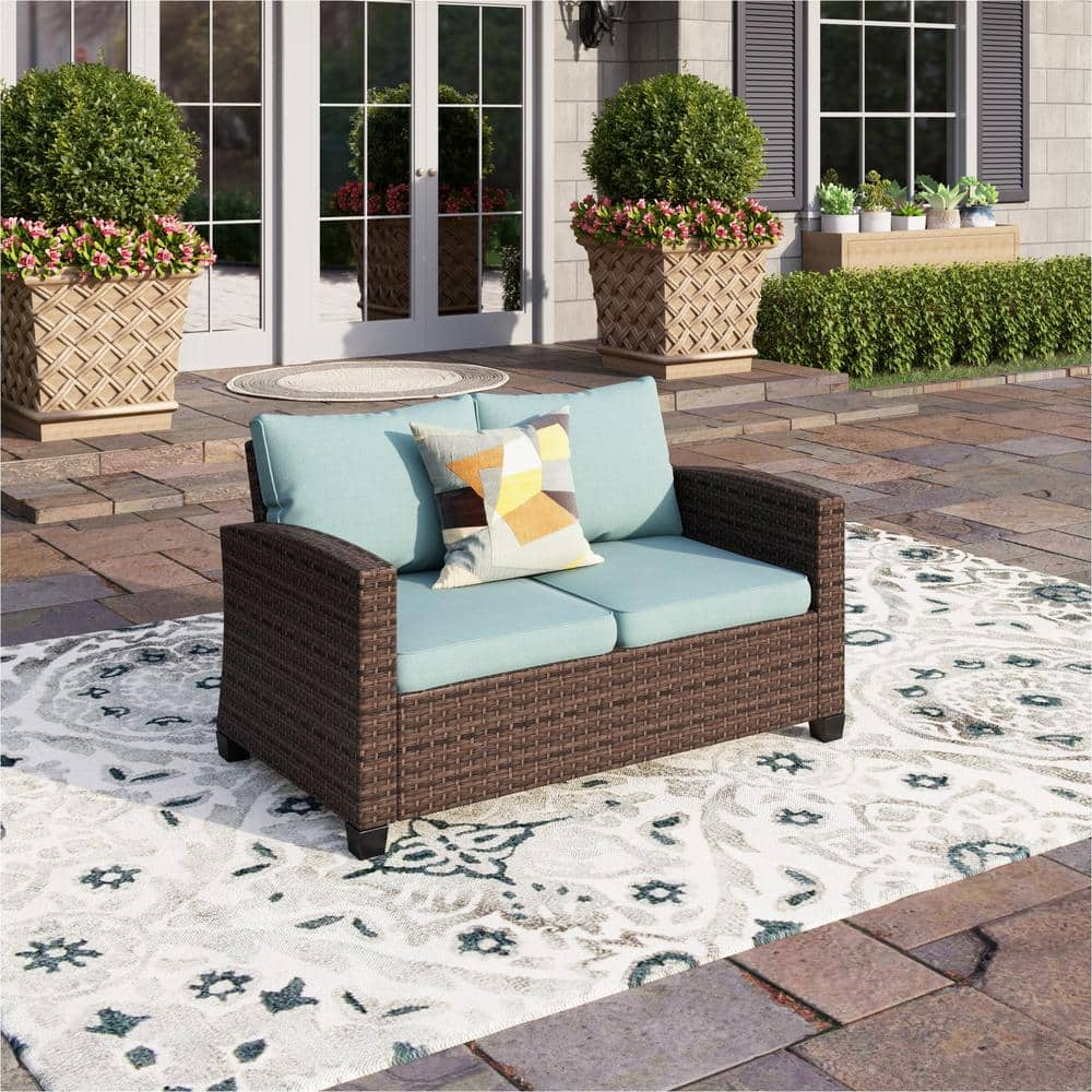 PHI VILLA Dark Brown Rattan Wicker Outdoor Patio Loveseat with Blue