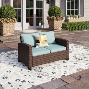 Dark Brown Rattan Wicker Outdoor Patio Loveseat with Blue Cushions
