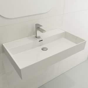 Milano Wall-Mounted White Fireclay Rectangular Bathroom Sink 32 in. 1-Hole with Overflow
