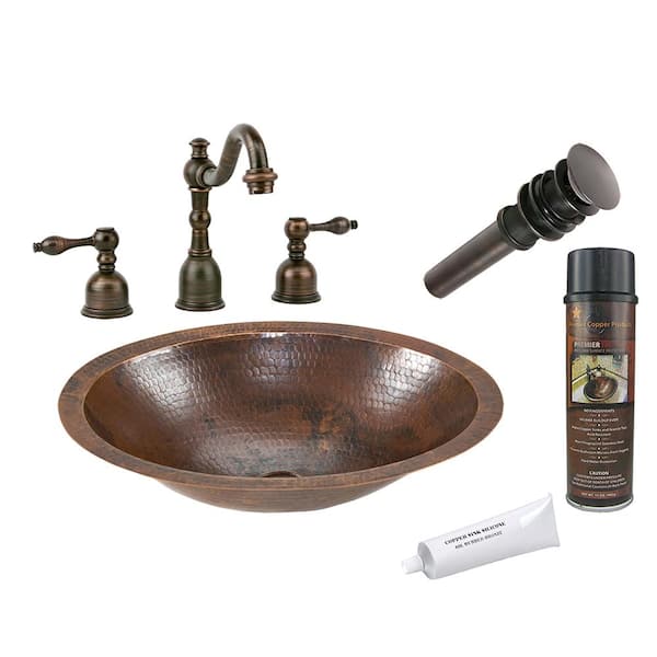 Premier Copper Products All-in-One Small Oval Under Counter Hammered Copper Bathroom Sink in Oil Rubbed Bronze
