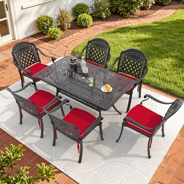 Willit Isabella Black 7-Piece Cast Aluminum Outdoor Dining Set with Rectangle Table and Dining Chairs and Red Cushion