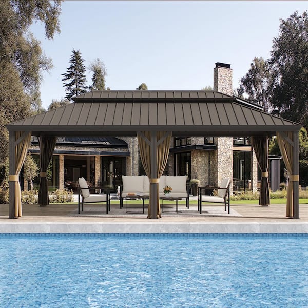12 ft. x 22 ft. Double Galvanized Steel Roof Aluminum Frame Outdoor Patio Hardtop Gazebo with Netting and Curtains