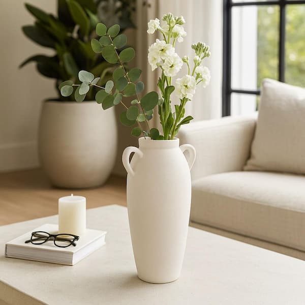 Liv & Skye 16 in. White Stoneware Textured Amphora Jug with