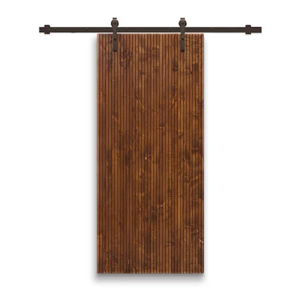 CALHOME Japanese 36 in. x 96 in. Pre Assemble Walnut Stained Wood Interior Sliding Barn Door with Hardware Kit