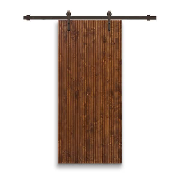 CALHOME Japanese 42 in. x 96 in. Pre Assemble Walnut Stained Wood Interior Sliding Barn Door with Hardware Kit