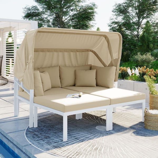 Unbranded White 3-Piece Metal Outdoor Sectional Set, Patio Daybed with Retractable Canopy and Beige Cushions for Backyard Poolside