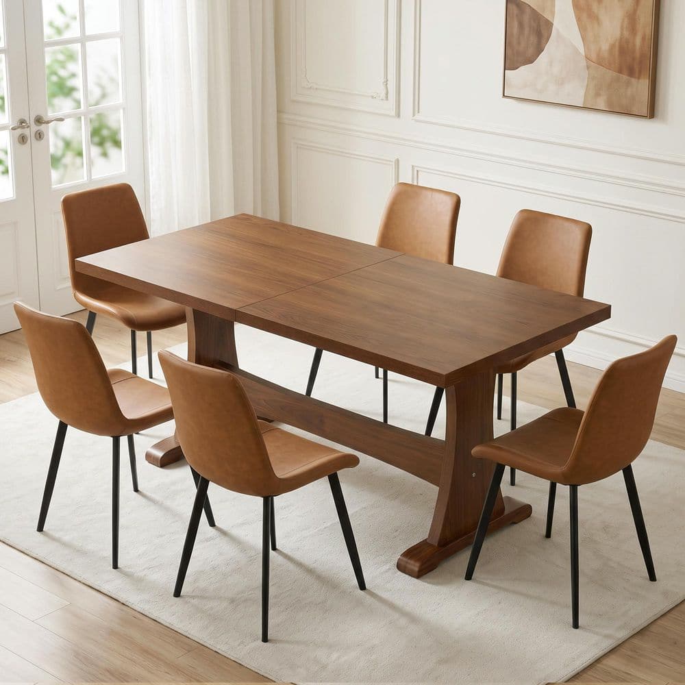 Modern 7-Piece Rectangle Walnut MDF Top Dining Room Set Seating 6 People with 6 Brown Chairs price history on PriceWatchPro