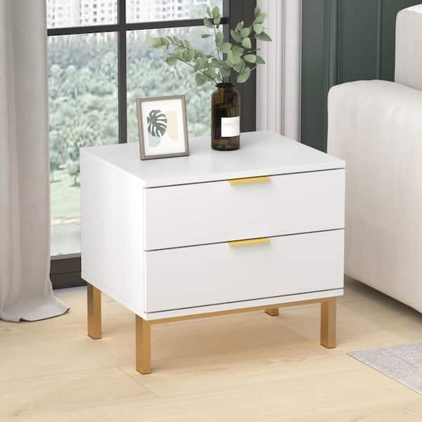 FUFU&GAGA 2-Drawer White Wooden Nightstand Bedside Table with 4-Gold Metal Legs 15.7 in. D x 19.7 in. W x 17.9 in. H
