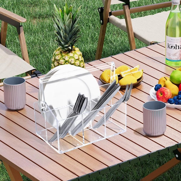 Clear Acrylic Flatware Organizer with Handle, Multi-Compartment for Plates, Silverware Caddy Organizer for Kitchen