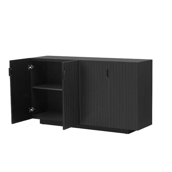Qualler 59.8 in. Black Rectangle MDF Console Table with Adjustable Shelves and Wavy Doors