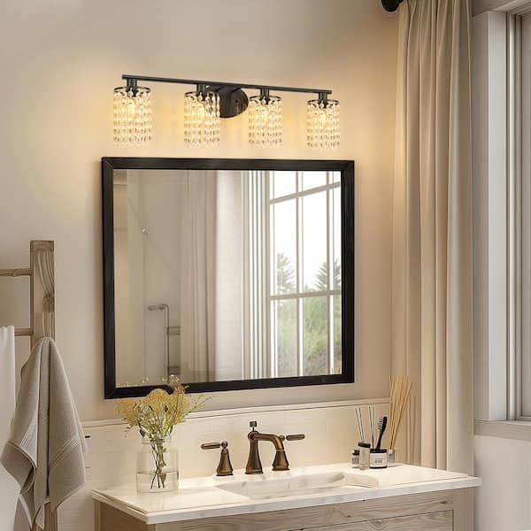 32 in. 4-Light Black Crystal Bathroom Vanity Light, Modern Wall Sconce Over Mirror for Bathroom and Kitchen