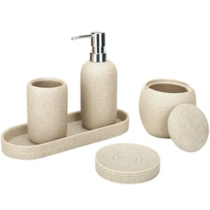 WELLFOR 5-Piece Concrete Bathroom Accessory Set in Beige for Vanity Countertops