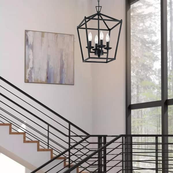 Alfa 12 in. 4-Light Geometric Cage Lantern Pendant Light with Mate Black finish