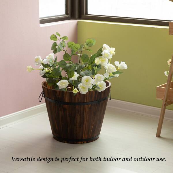 Rustic Wooden Whiskey Barrel Planter With Durable Medal Handles And Drainage Hole Medium