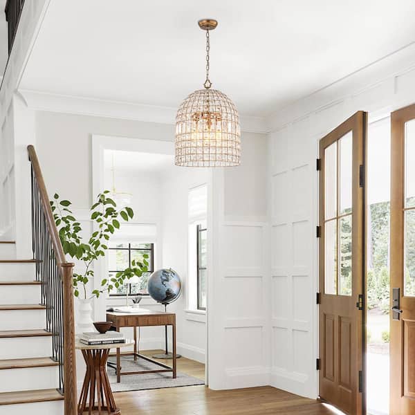 Cristal 3-Light 16 in.W Antique Brass Chandelier Unique Cage Dome Crystal Chandelier Retro Vintage Pendant Light