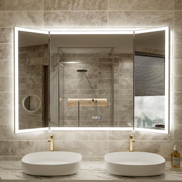 54 in. W x 36 in. H Rectangular Frameless Wall Mounted Trifold Led Bathroom Vanity Mirror in Silver and Dimmer
