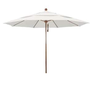 11 ft. Woodgrain Aluminum Commercial Market Patio Umbrella Fiberglass Ribs and Pulley Lift in Natural Sunbrella