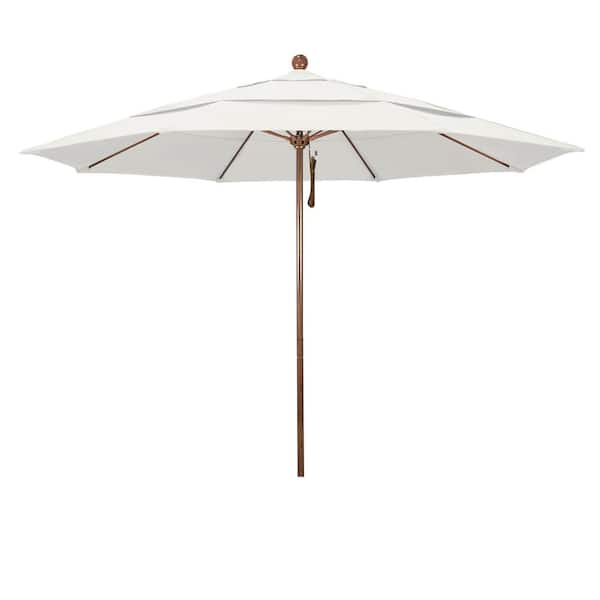 California Umbrella 11 ft. Woodgrain Aluminum Commercial Market Patio Umbrella Fiberglass Ribs and Pulley Lift in Natural Sunbrella