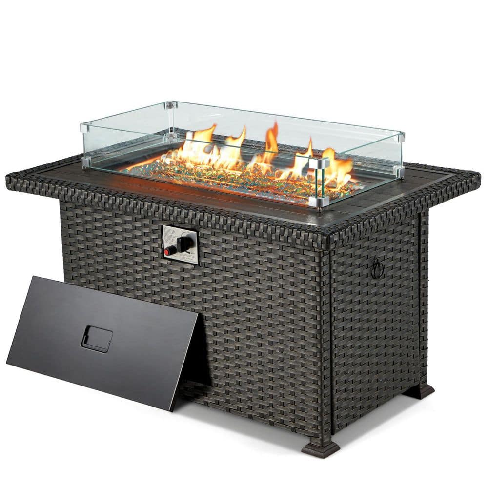 44 in. Black Propane Gas Fire Pit Table 50,000 BTU Outdoor Wicker with ...