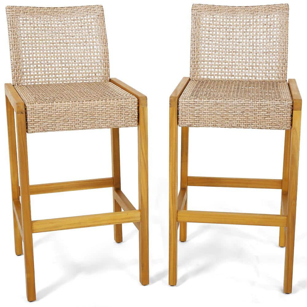 Gymax Wicker Outdoor Bar Stools (Set of 2) Patio Chairs w/Solid Wood
