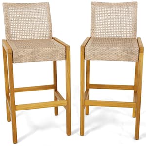 Wicker Outdoor Bar Stools (Set of 2) Patio Chairs w/Solid Wood Frame Ergonomic Footrest Light Brown
