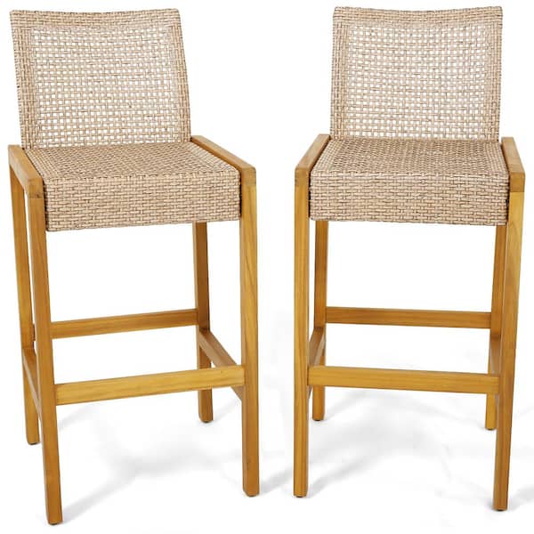 Gymax Wicker Outdoor Bar Stools (Set of 2) Patio Chairs w/Solid Wood Frame Ergonomic Footrest Light Brown